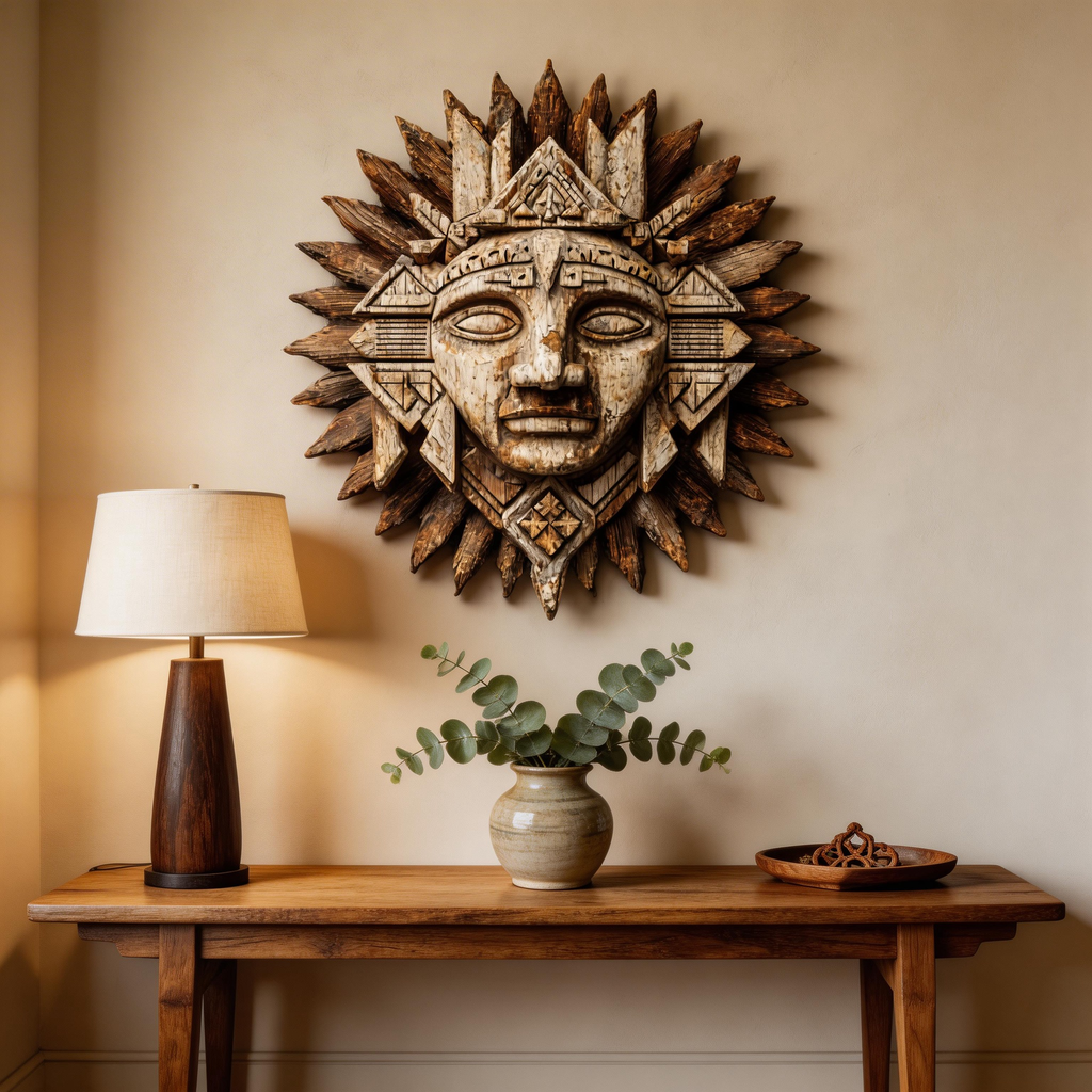 Ancient Mayan Sun God Tribal Wooden Mask Wall Sculpture  Wood Sculpture