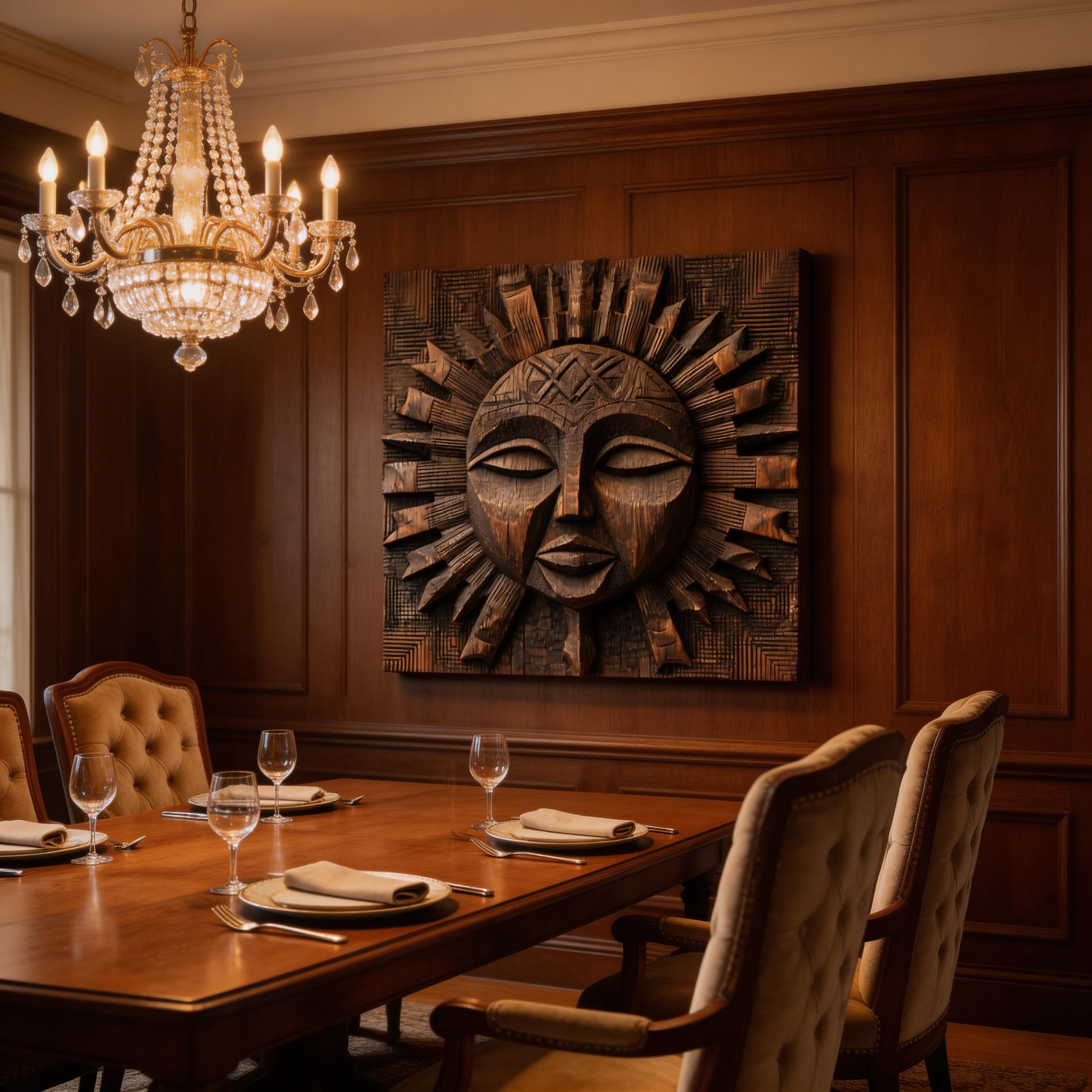African Tribal Sun God Wooden Relief Wall Sculpture  Wood Sculpture