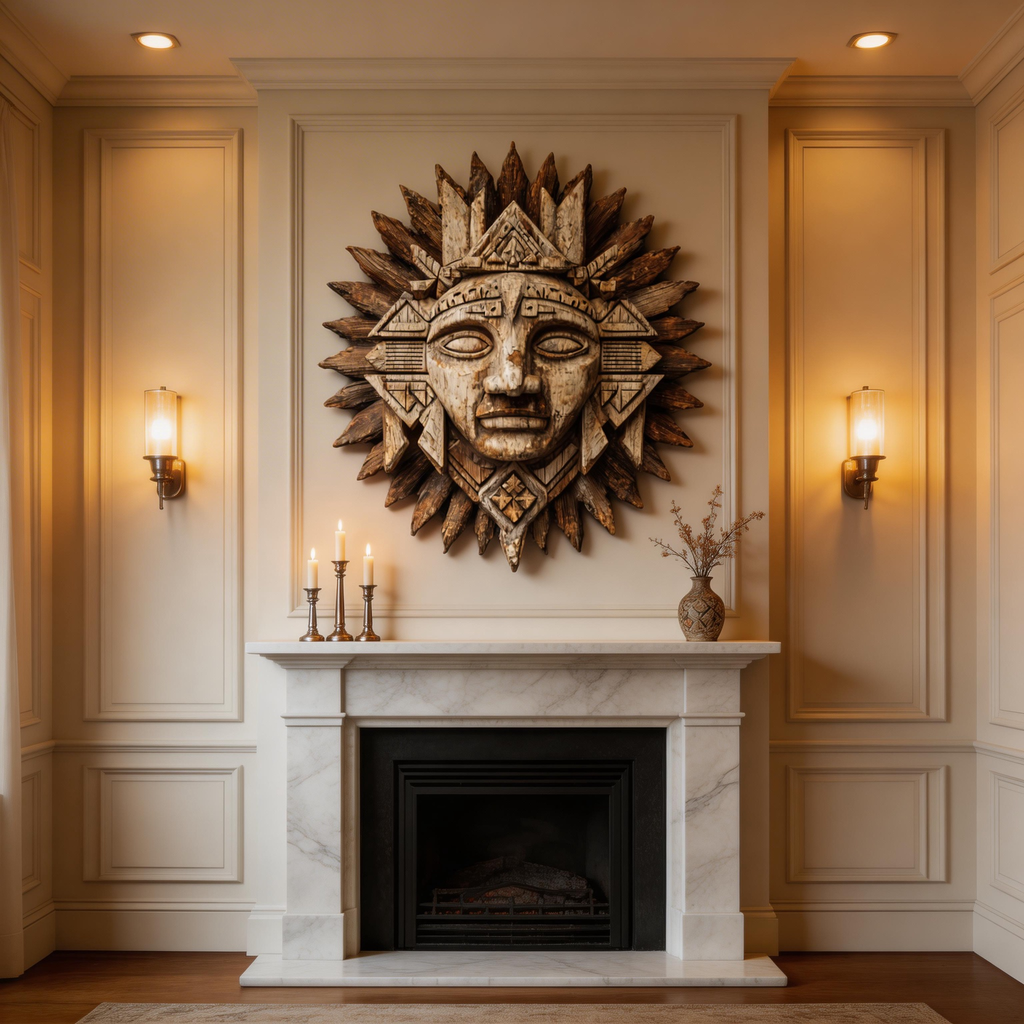 Ancient Mayan Sun God Tribal Wooden Mask Wall Sculpture  Wood Sculpture