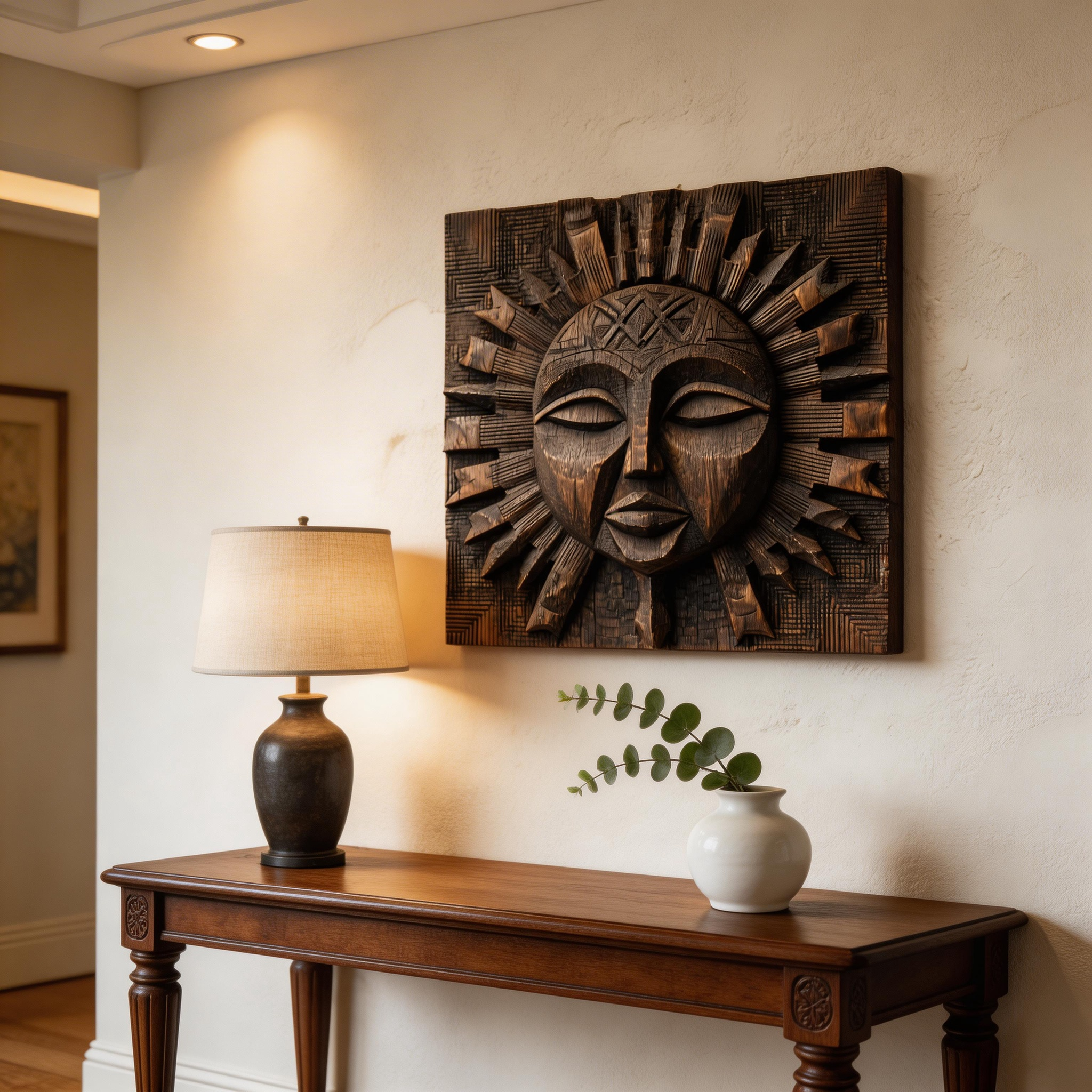 African Tribal Sun God Wooden Relief Wall Sculpture  Wood Sculpture