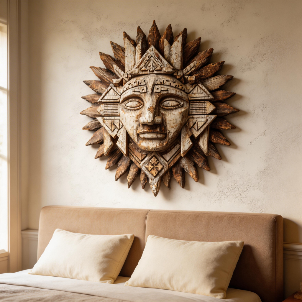 Ancient Mayan Sun God Tribal Wooden Mask Wall Sculpture  Wood Sculpture