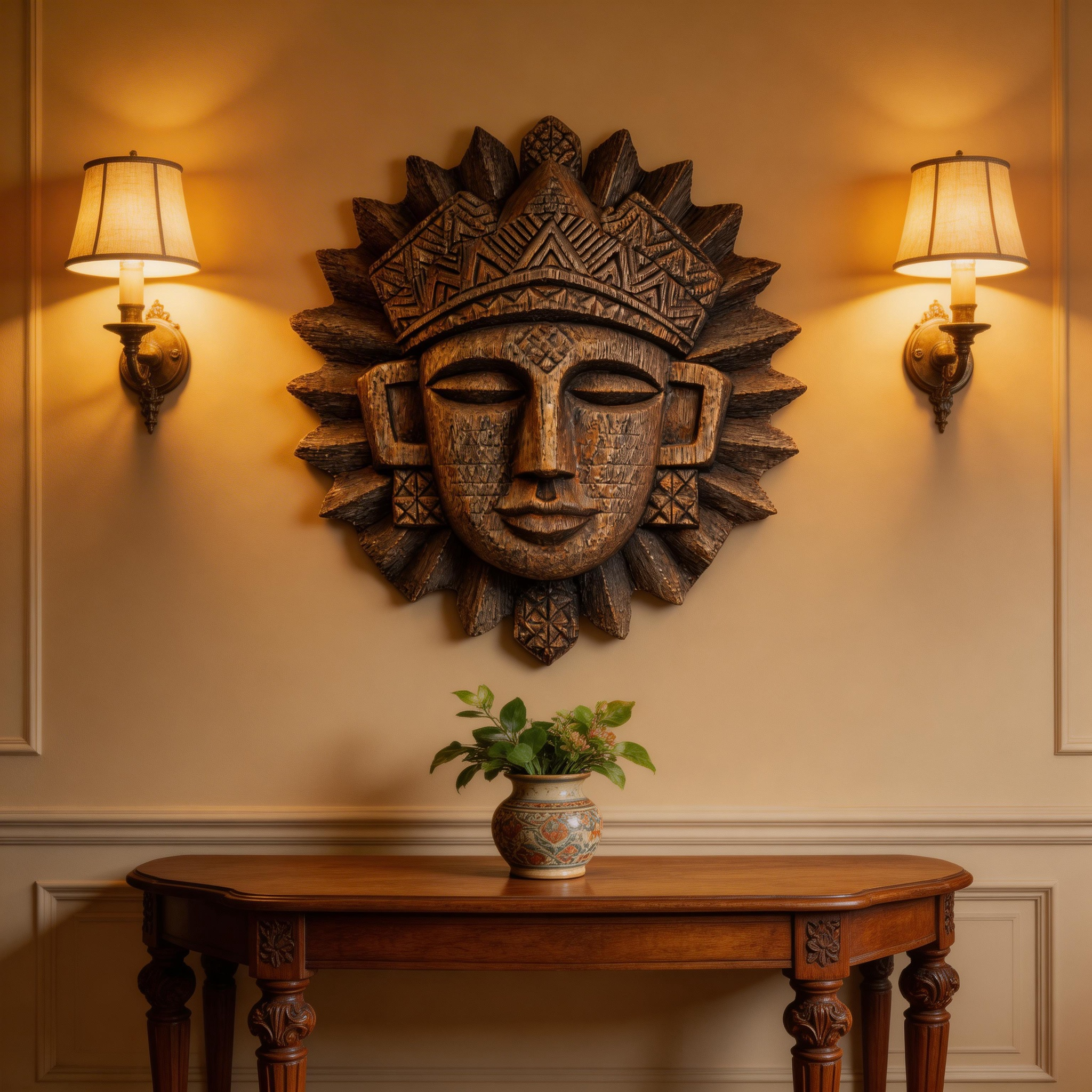 Ancient Tribal Sun Deity Wooden Mask Wall Sculpture  Wood Sculpture