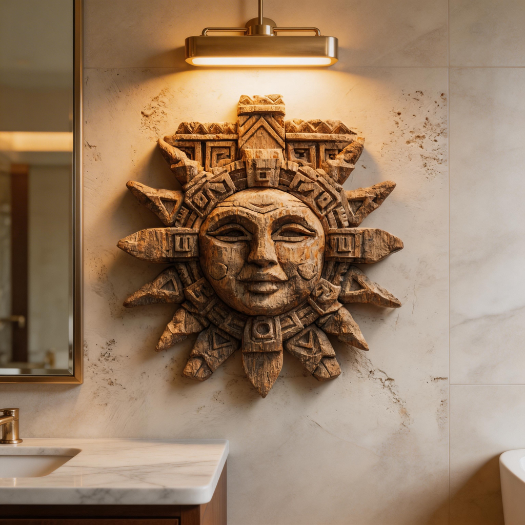 Ancient Mayan Sun God Tribal Wooden Mask Wall Sculpture  Wood Sculpture